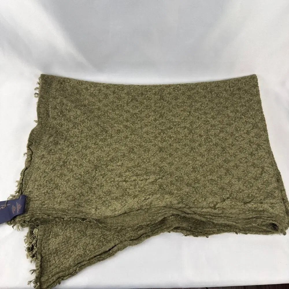 Louis Vuitton Khaki Green Monogram Shawl Silk Wool Fringe Made in Italy